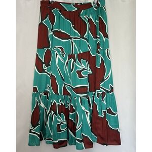 Nine West Tiered Midi Skirt Size Medium Teal Brown Ruffle Pull On Boho‎